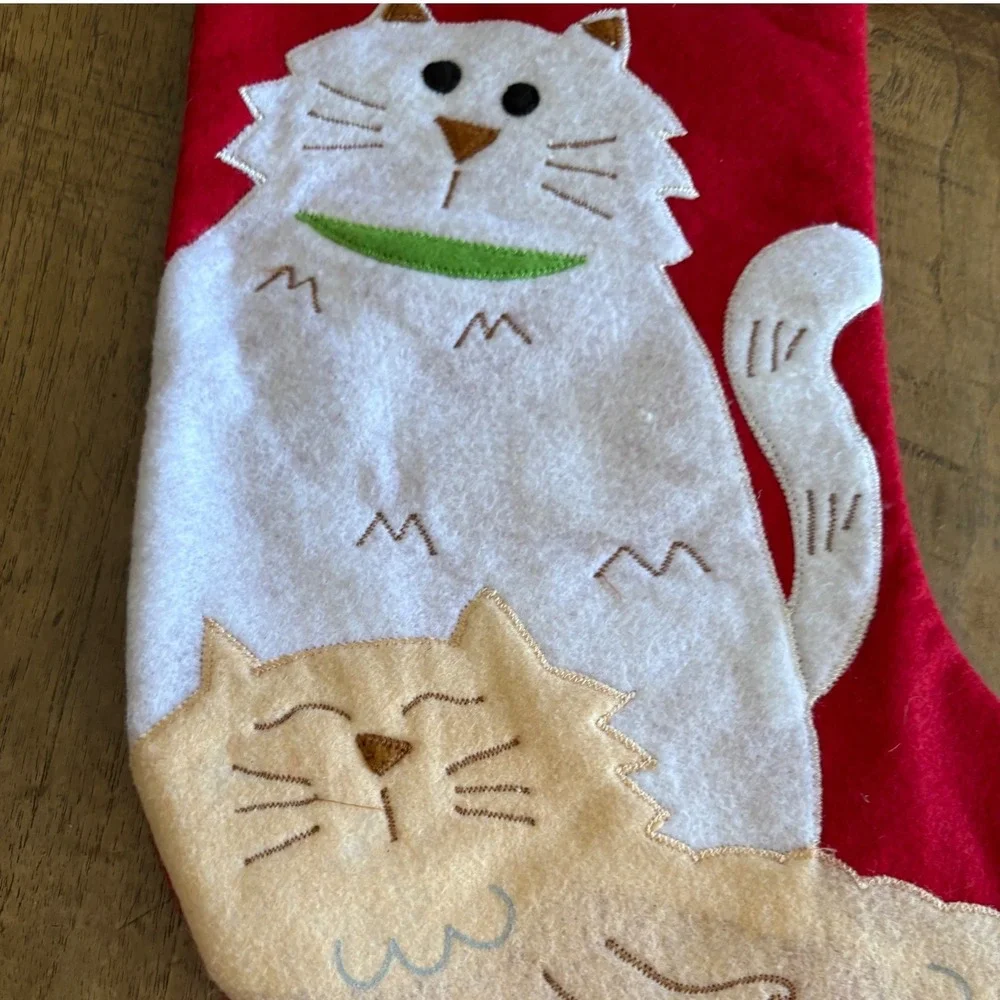 Jo-Ann Stores Cat Pet Christmas Stocking Meow Felt Applique Pom Poms Red Green‎